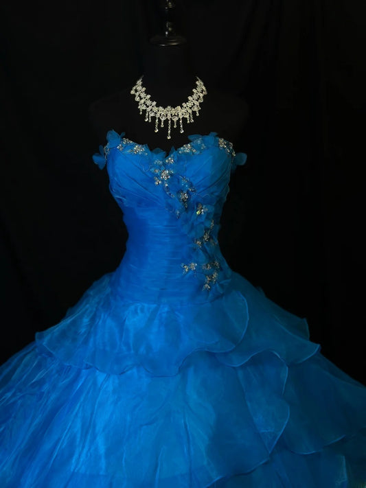 Pretty Ball Gown Sweetheart Blue Tulle With Flowers Corset Fitted Long 15 Quinceanera Dresses Photo Ideas Formal Outfit RB6125
