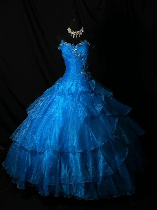 Pretty Ball Gown Sweetheart Blue Tulle With Flowers Corset Fitted Long 15 Quinceanera Dresses Photo Ideas Formal Outfit RB6125