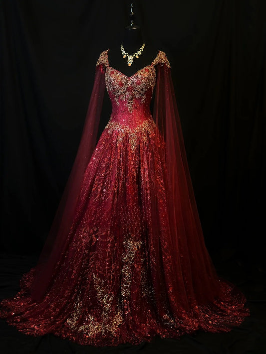 Vintage 90s Prom Dresses Ball Gown Straps Burgundy Tulle With Gold Beading Cape Party Gown Formal Outfits RB6126