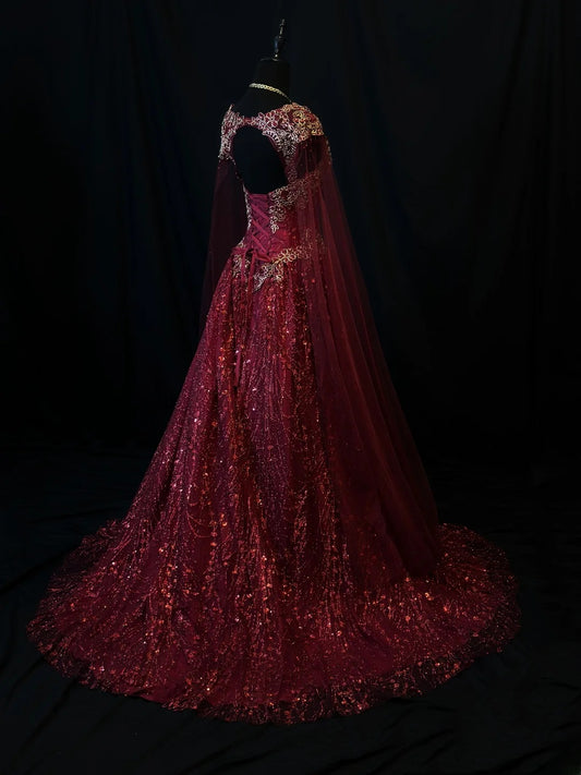 Vintage 90s Prom Dresses Ball Gown Straps Burgundy Tulle With Gold Beading Cape Party Gown Formal Outfits RB6126