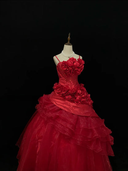 Ethereal Prom Ball Gowns Spaghetti Strap Red Organza Poofy Long With 3D Flowers Quince Dress inspo Quinceanera Dresses Vestidos De 16 anos RB7736