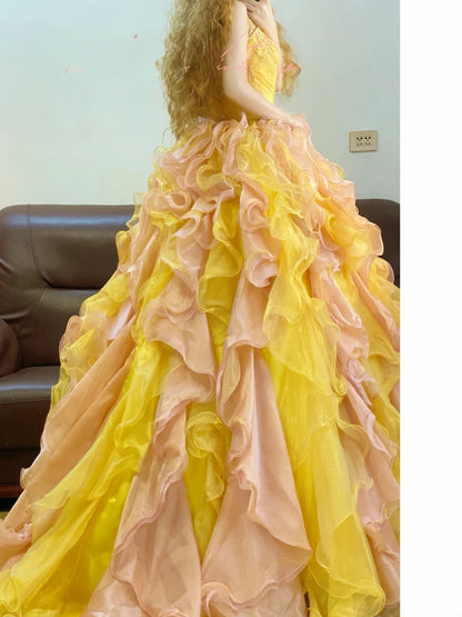 Tulle Sweet 16 Dress Pink Yellow Spaghetti Straps Ball Gown Sweet Sixteen Formal Party Gown RB9336