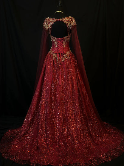Vintage 90s Prom Dresses Ball Gown Straps Burgundy Tulle With Gold Beading Cape Party Gown Formal Outfits RB6126