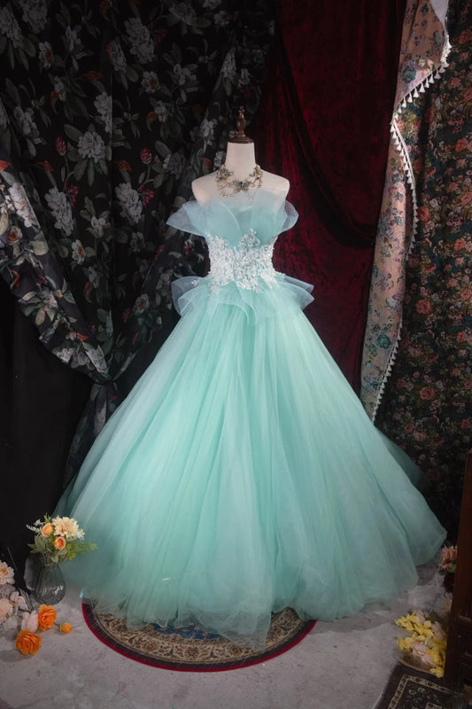 Cute Ball Gown Formal Events Strapless Mint Green Tulle With Appliqued Quince Dress Quinceanera Dresses Birthday Outfits RB8530