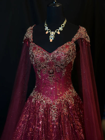 Vintage 90s Prom Dresses Ball Gown Straps Burgundy Tulle With Gold Beading Cape Party Gown Formal Outfits RB6126