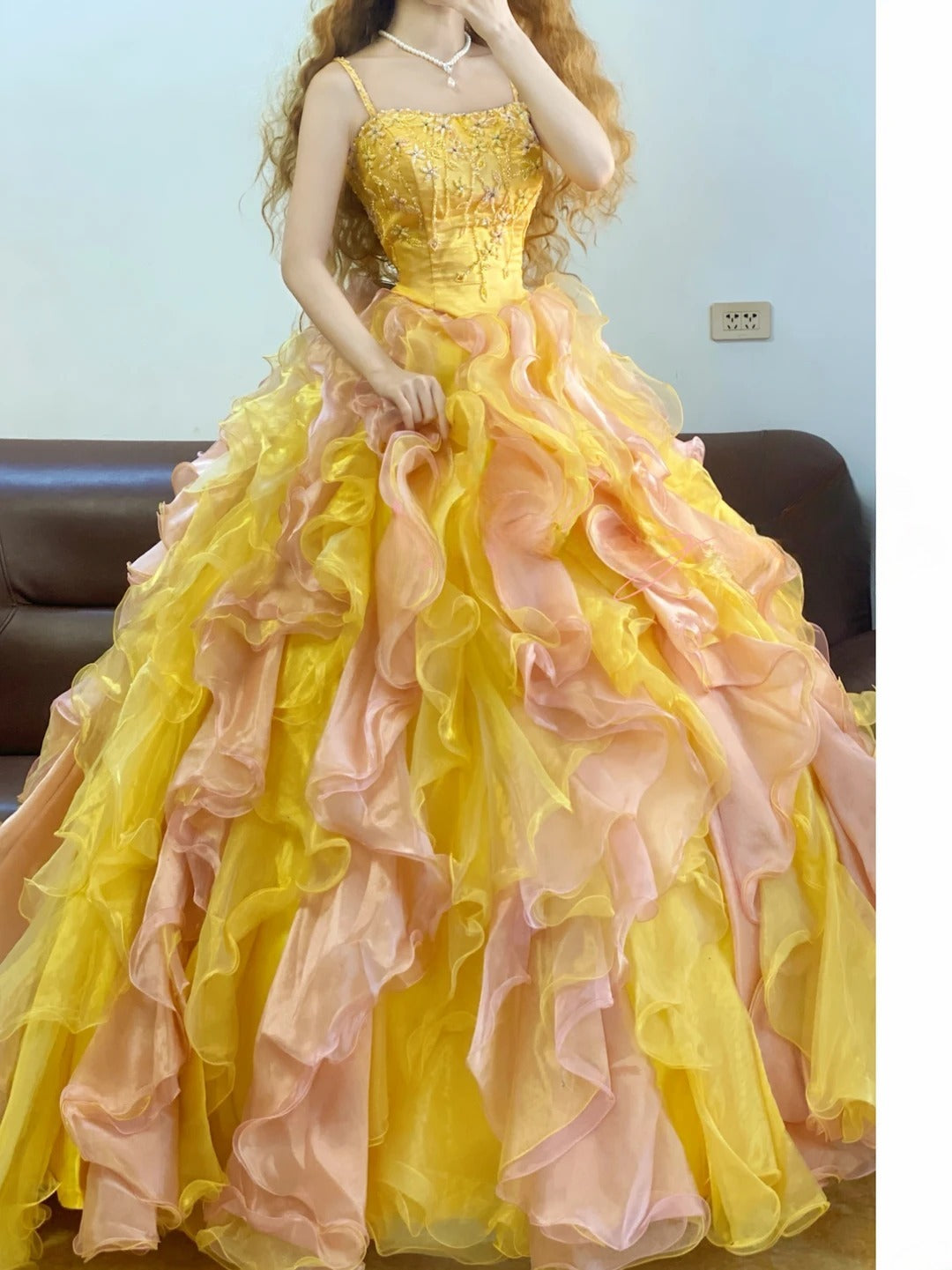 Tulle Sweet 16 Dress Pink Yellow Spaghetti Straps Ball Gown Sweet Sixteen Formal Party Gown RB9336