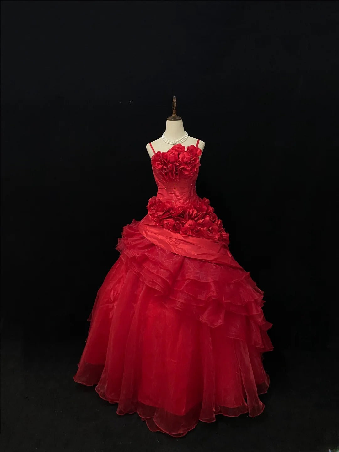 Ethereal Prom Ball Gowns Spaghetti Strap Red Organza Poofy Long With 3D Flowers Quince Dress inspo Quinceanera Dresses Vestidos De 15 anos RB7735