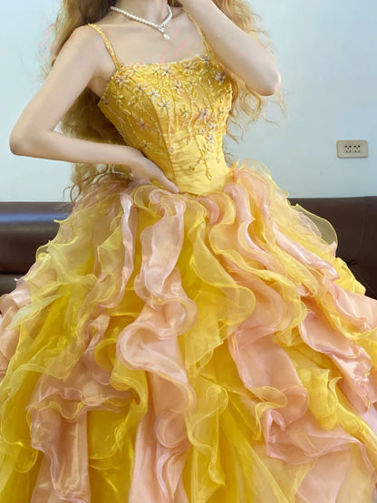 Tulle Sweet 16 Dress Pink Yellow Spaghetti Straps Ball Gown Sweet Sixteen Formal Party Gown RB9336