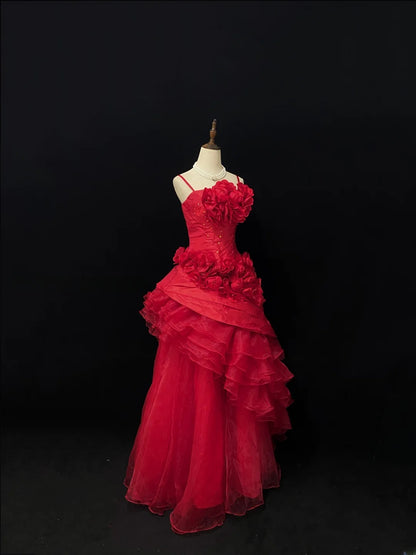 Ethereal Prom Ball Gowns Spaghetti Strap Red Organza Poofy Long With 3D Flowers Quince Dress inspo Quinceanera Dresses Vestidos De 15 anos RB7735