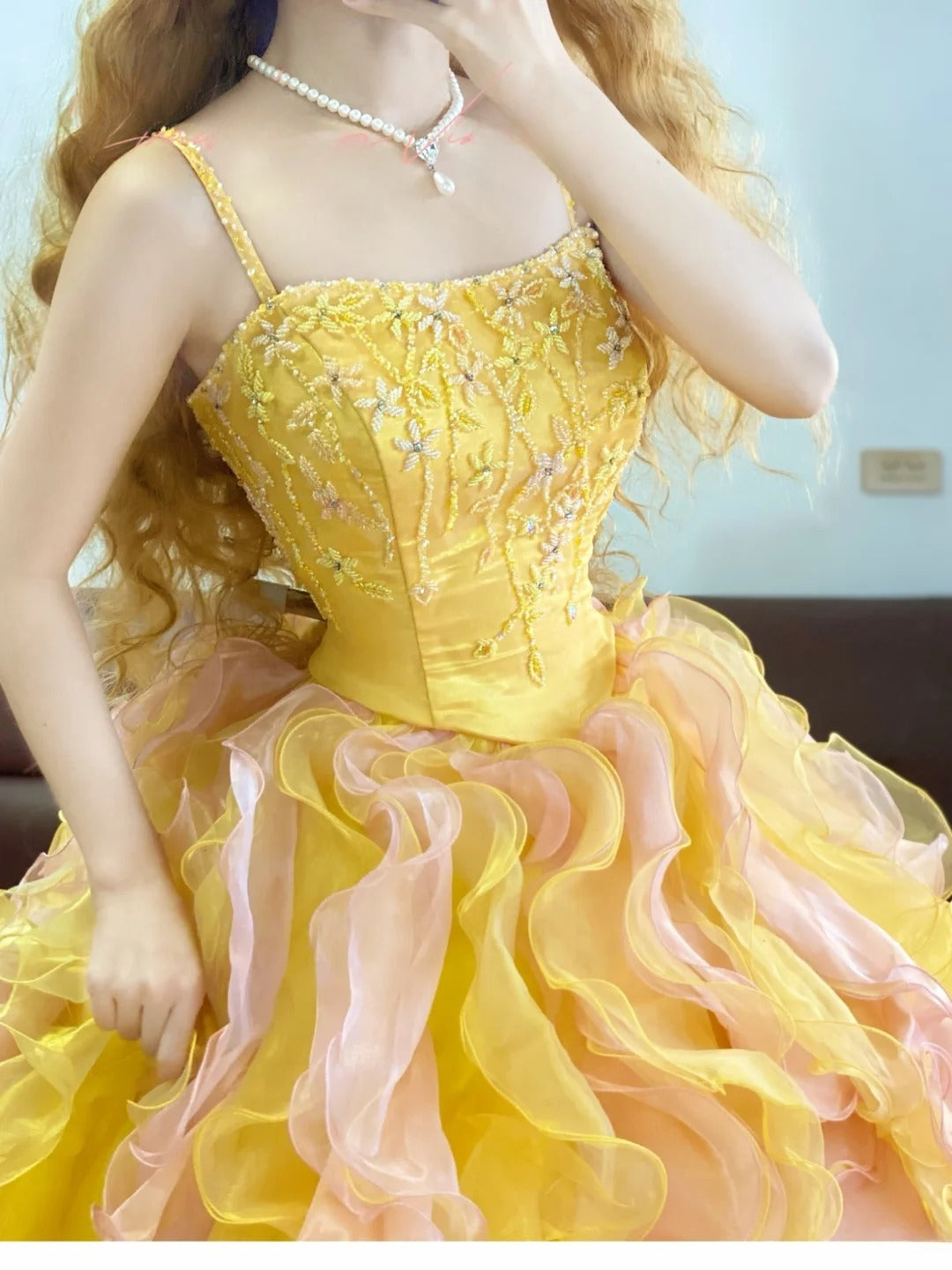 Tulle Sweet 16 Dress Pink Yellow Spaghetti Straps Ball Gown Sweet Sixteen Formal Party Gown RB9336