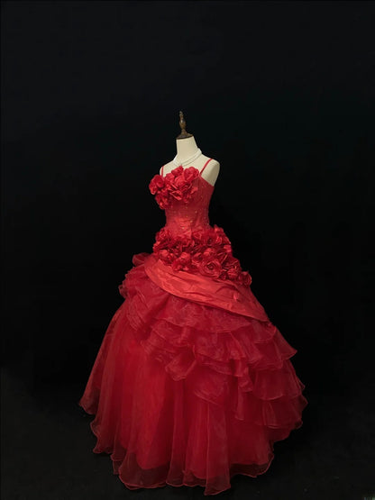 Ethereal Prom Ball Gowns Spaghetti Strap Red Organza Poofy Long With 3D Flowers Quince Dress inspo Quinceanera Dresses Vestidos De 15 anos RB7735