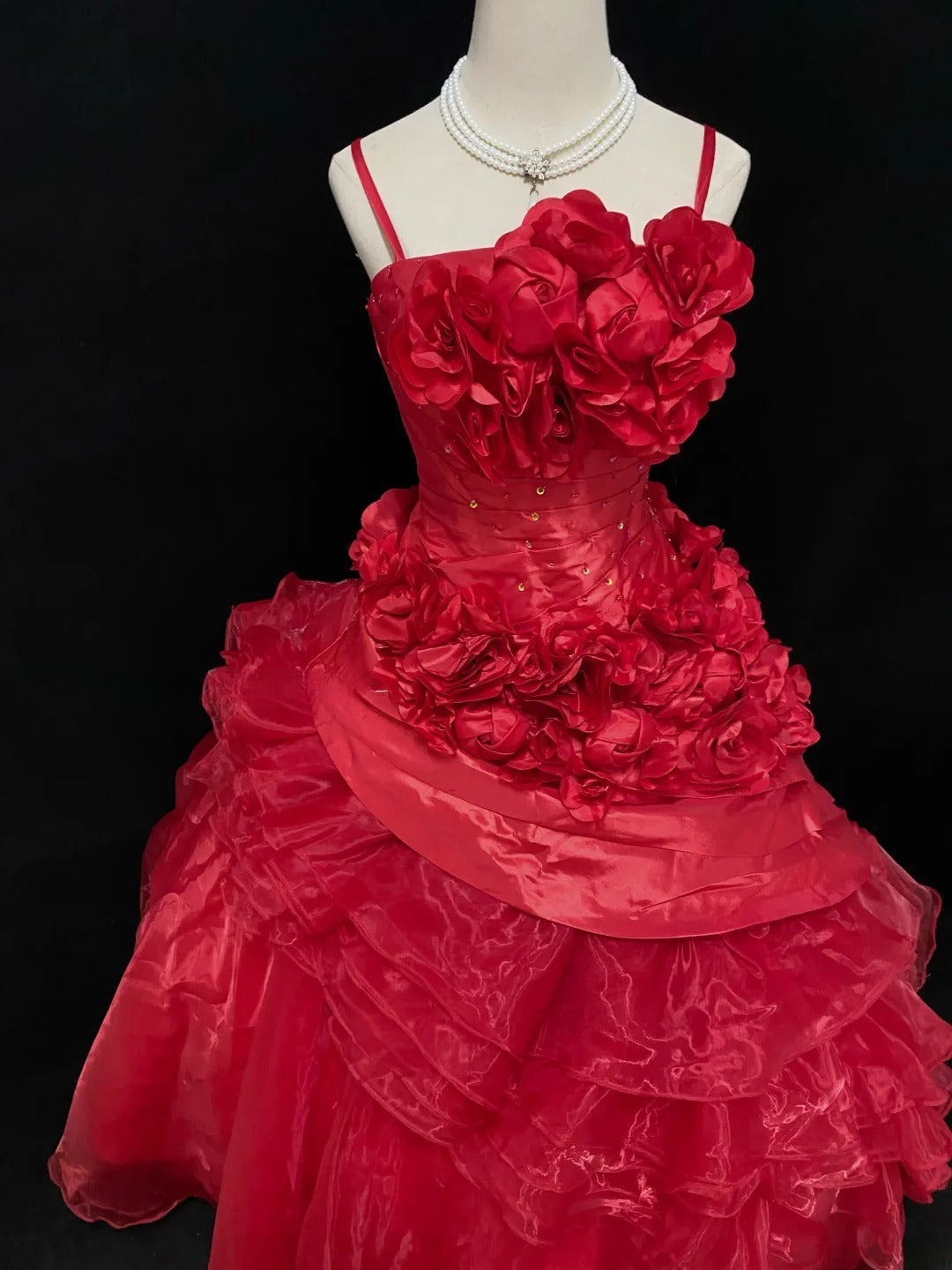 Ethereal Prom Ball Gowns Spaghetti Strap Red Organza Poofy Long With 3D Flowers Quince Dress inspo Quinceanera Dresses Vestidos De 15 anos RB7735