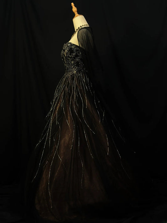 Vintage 90s Prom Dresses Ball Gown Strapless Black Tulle With Beading Cape Party Gown Formal Outfits RB6127
