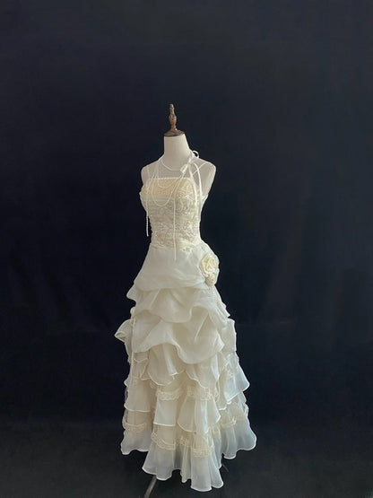 Vintage 80s Ball Gown Straps Ivory Lace Floor Length With Layers Tiered Brides Gown Bridal Dress Wedding Dresses RB7736