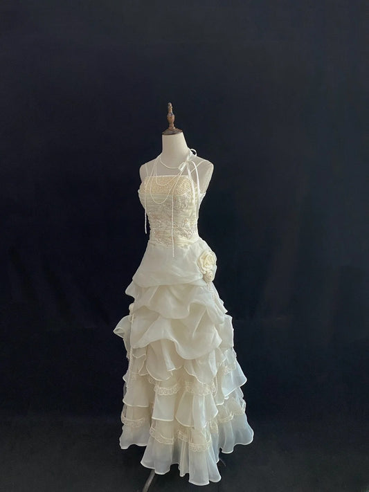 Vintage 80s Ball Gown Straps Ivory Lace Floor Length With Layers Tiered Brides Gown Bridal Dress Wedding Dresses RB7736