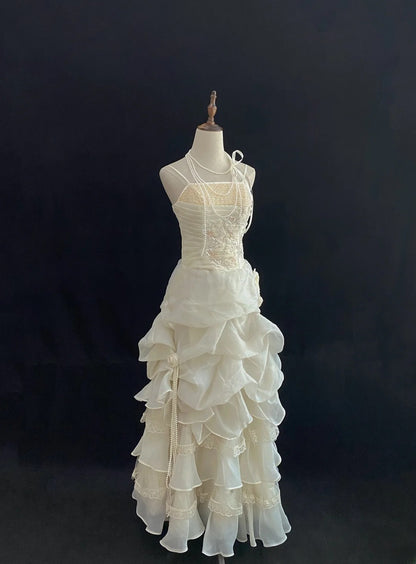 Vintage 80s Ball Gown Straps Ivory Lace Floor Length With Layers Tiered Brides Gown Bridal Dress Wedding Dresses RB7736
