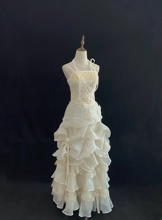 Vintage 80s Ball Gown Straps Ivory Lace Floor Length With Layers Tiered Brides Gown Bridal Dress Wedding Dresses RB7736