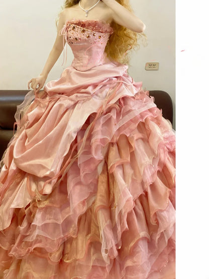 Tulle Sweet 16 Dress Pink Strapless With Layers Ball Gown Sweet Sixteen Formal Party Gown RB9337