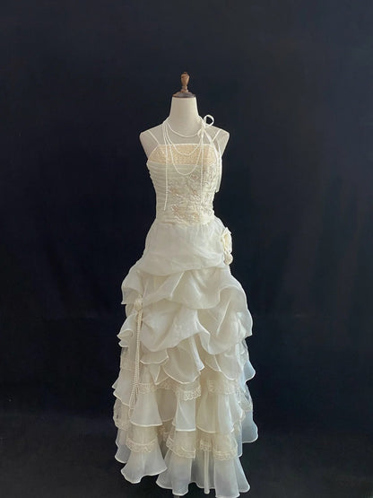 Vintage 80s Ball Gown Straps Ivory Lace Floor Length With Layers Tiered Brides Gown Bridal Dress Wedding Dresses RB7736
