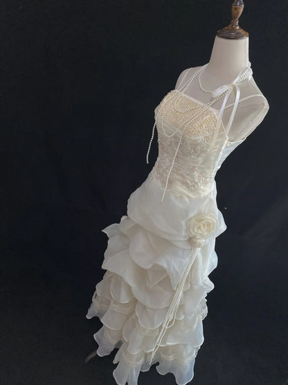 Vintage 80s Ball Gown Straps Ivory Lace Floor Length With Layers Tiered Brides Gown Bridal Dress Wedding Dresses RB7736