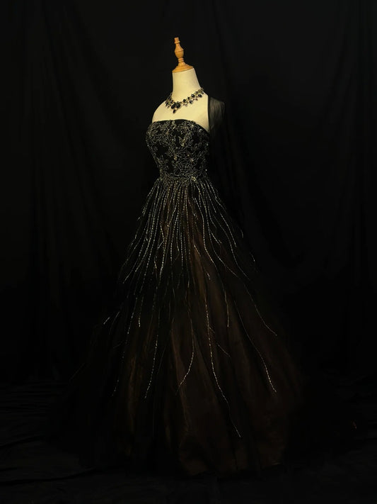 Vintage 90s Prom Dresses Ball Gown Strapless Black Tulle With Beading Cape Party Gown Formal Outfits RB6127