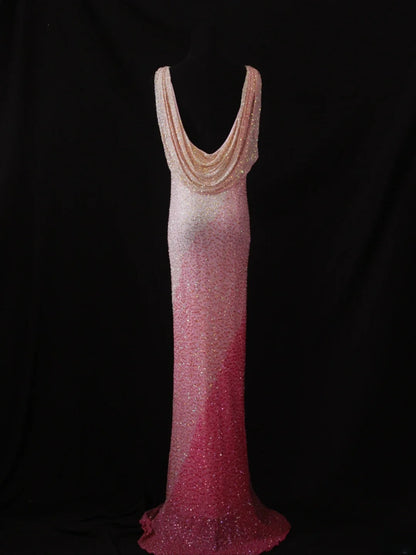 Robe de bal longue rose vintage à col bénitier et corsage orné de perles, idéale pour un 20e anniversaire ou une soirée élégante (AS287)