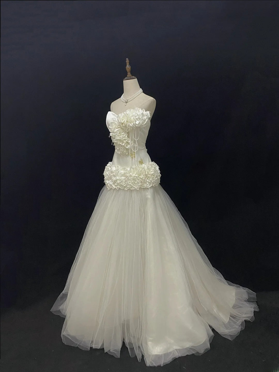 Vintage 80s Mermaid Sweetheart Ivory Tulle Floor Length With 3D Tiered Brides Gown Bridal Dress Wedding Dresses RB7737