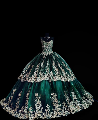Sweet 16 Dress Dark Green Spaghetti Straps Lace Sleeveless Ball Gown Sweet Sixteen Dress RC0001