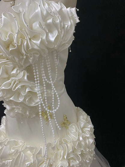 Vintage 80s Mermaid Sweetheart Ivory Tulle Floor Length With 3D Tiered Brides Gown Bridal Dress Wedding Dresses RB7737