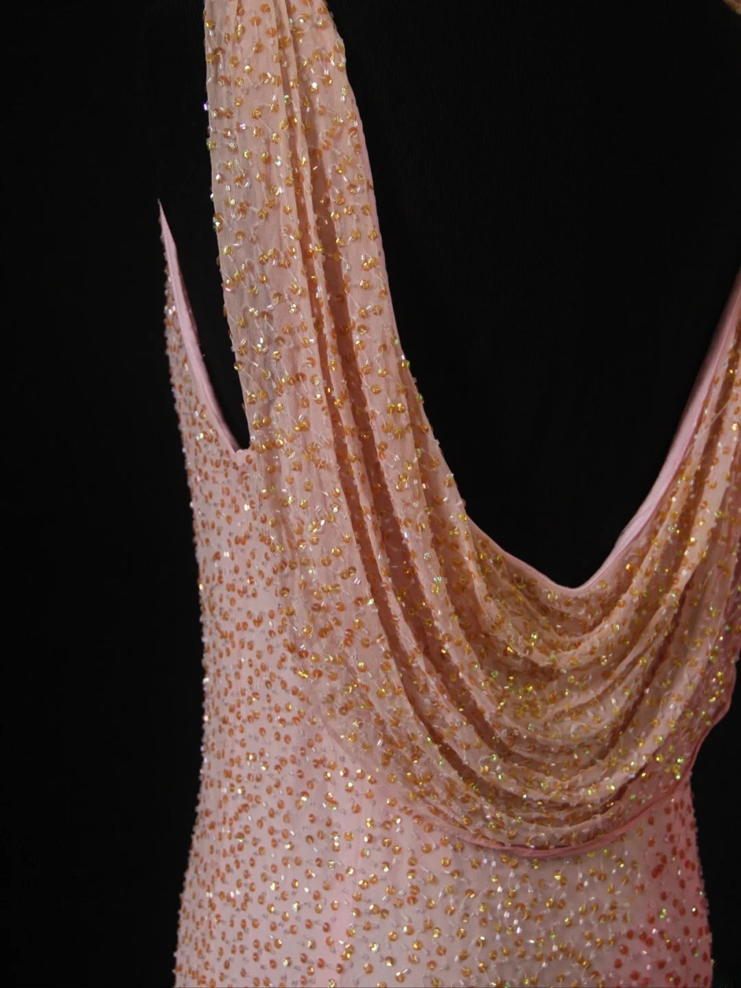Robe de bal longue rose vintage à col bénitier et corsage orné de perles, idéale pour un 20e anniversaire ou une soirée élégante (AS287)