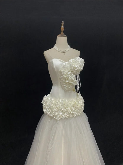 Vintage 80s Mermaid Sweetheart Ivory Tulle Floor Length With 3D Tiered Brides Gown Bridal Dress Wedding Dresses RB7737