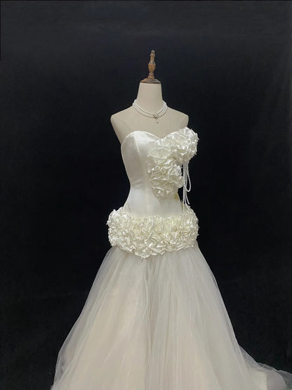 Vintage 80s Mermaid Sweetheart Ivory Tulle Floor Length With 3D Tiered Brides Gown Bridal Dress Wedding Dresses RB7737