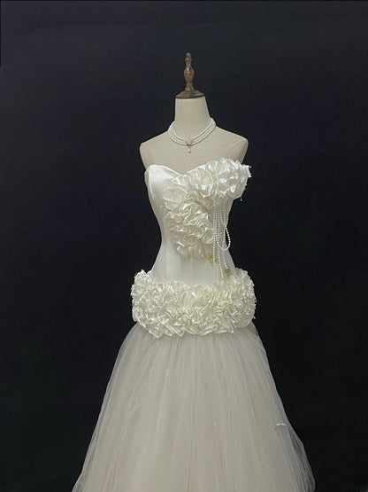 Vintage 80s Mermaid Sweetheart Ivory Tulle Floor Length With 3D Tiered Brides Gown Bridal Dress Wedding Dresses RB7737