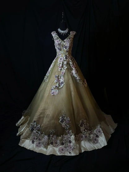 Vintage 90s Prom Dresses Ball Gown V Neck Olive Green Tulle With Appliqued Party Gown Formal Outfits RB6128