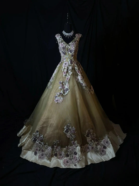 Vintage 90s Prom Dresses Ball Gown V Neck Olive Green Tulle With Appliqued Party Gown Formal Outfits RB6128