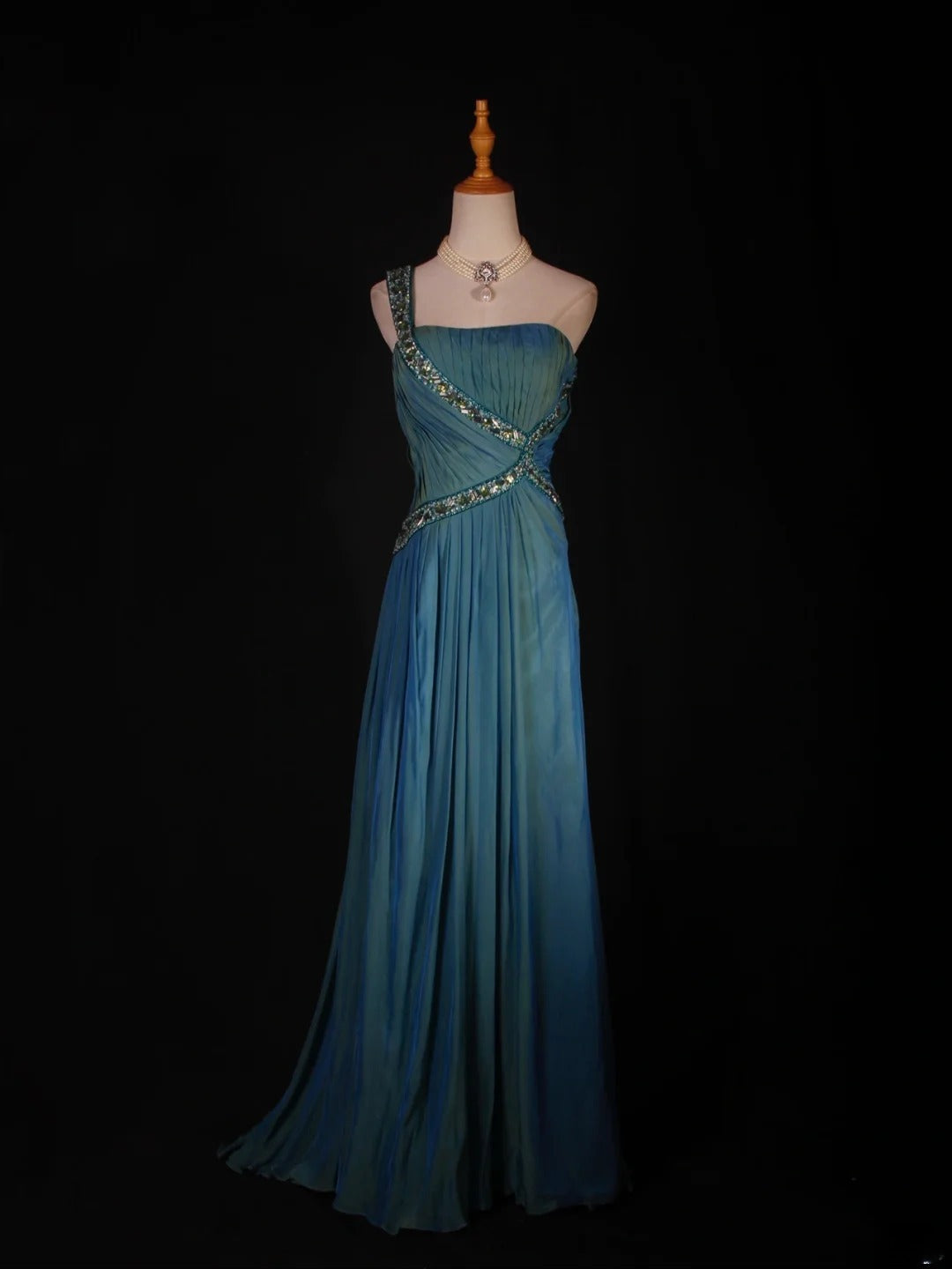 Retro A line One Shoulder Chiffon Blue With Beads Bodice Long Prom Dresses Impress 18th Birthday Outfit Formal Gown AS288