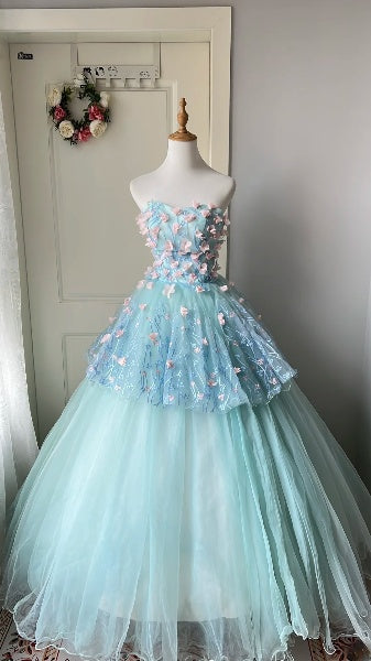 Sweet 15 Quinceanera Dress Ball Gown Strapless Blue With Flowers Long 16th Birthday Outfits RC0624