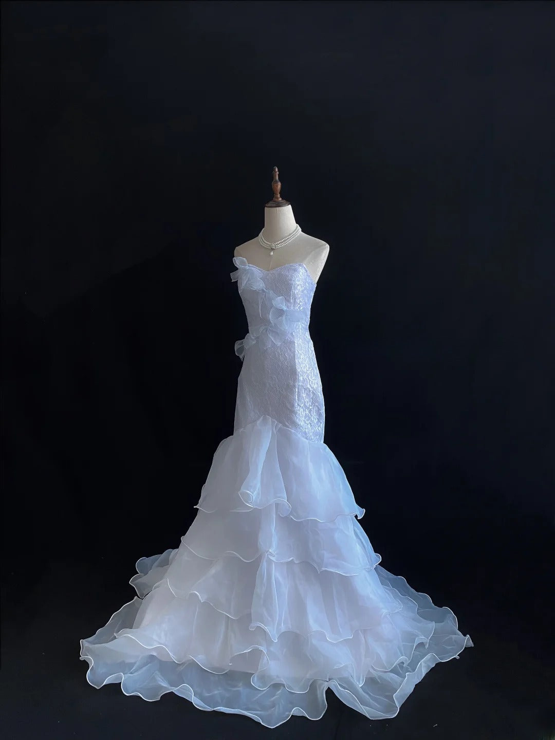 Vintage 80s Mermaid Sweetheart White Lace Organza Sweep Train With Tiered Layers Brides Gown Bridal Dress Wedding Dresses RB7738