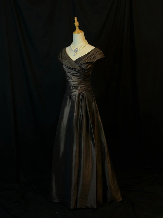 Modest Prom Dresses A line Off The Shoulder Black Satin With Ruffled Long Night Evening Formal Outfits RB6129