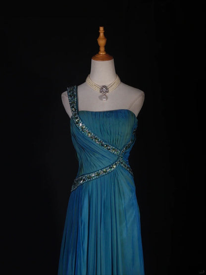 Retro A line One Shoulder Chiffon Blue With Beads Bodice Long Prom Dresses Impress 18th Birthday Outfit Formal Gown AS288