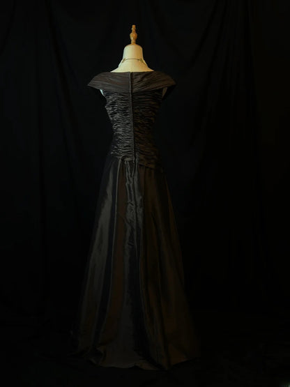 Modest Prom Dresses A line Off The Shoulder Black Satin With Ruffled Long Night Evening Formal Outfits RB6129