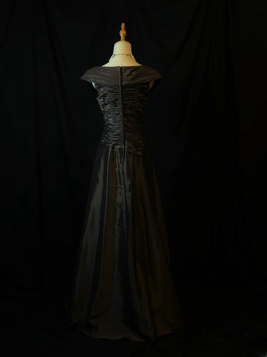 Modest Prom Dresses A line Off The Shoulder Black Satin With Ruffled Long Night Evening Formal Outfits RB6129