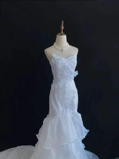 Vintage 80s Mermaid Sweetheart White Lace Organza Sweep Train With Tiered Layers Brides Gown Bridal Dress Wedding Dresses RB7738
