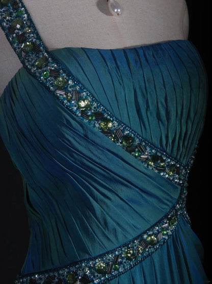 Retro A line One Shoulder Chiffon Blue With Beads Bodice Long Prom Dresses Impress 18th Birthday Outfit Formal Gown AS288