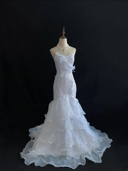 Vintage 80s Mermaid Sweetheart White Lace Organza Sweep Train With Tiered Layers Brides Gown Bridal Dress Wedding Dresses RB7738