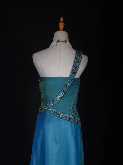 Retro A line One Shoulder Chiffon Blue With Beads Bodice Long Prom Dresses Impress 18th Birthday Outfit Formal Gown AS288