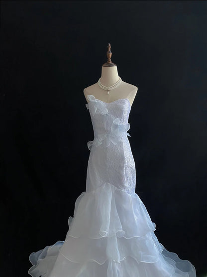 Vintage 80s Mermaid Sweetheart White Lace Organza Sweep Train With Tiered Layers Brides Gown Bridal Dress Wedding Dresses RB7738