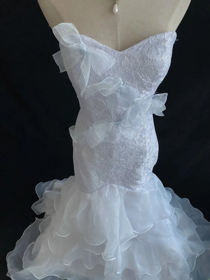 Vintage 80s Mermaid Sweetheart White Lace Organza Sweep Train With Tiered Layers Brides Gown Bridal Dress Wedding Dresses RB7738
