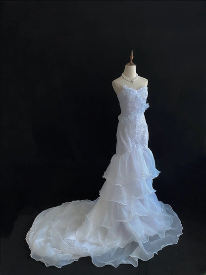 Vintage 80s Mermaid Sweetheart White Lace Organza Sweep Train With Tiered Layers Brides Gown Bridal Dress Wedding Dresses RB7738