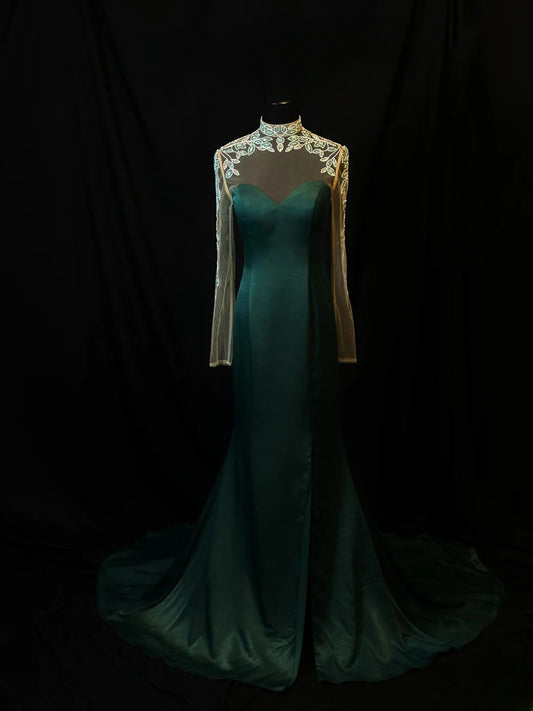 Vintage 90s Prom Dresses Mermaid High Neck Dark Green Tulle With Long Sleeves Party Gown Formal Outfits RB6130
